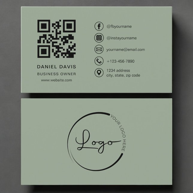 Business Owner Sage Green Logo QR Code  Card (Creator Uploaded)