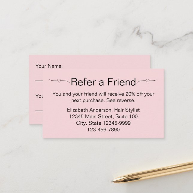 Business Pale Pink and Black Refer a Friend Card (Front/Back In Situ)