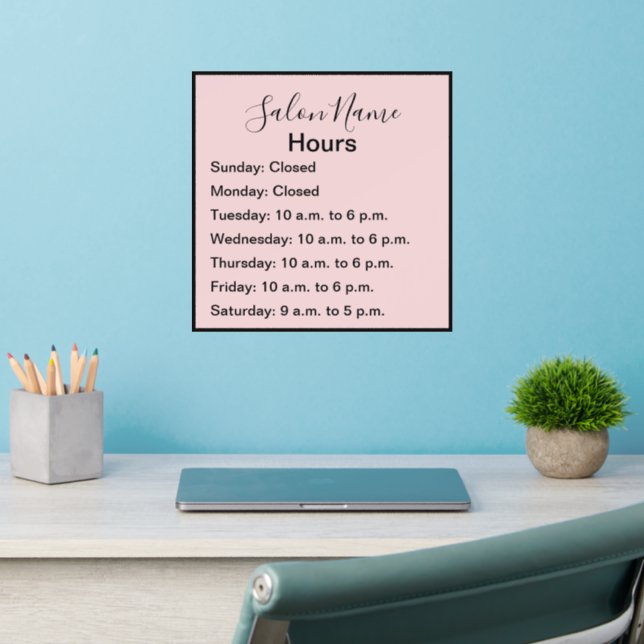 Business Pale Pink and Black Script Salon Hours Wall Decal (Home Office 2)