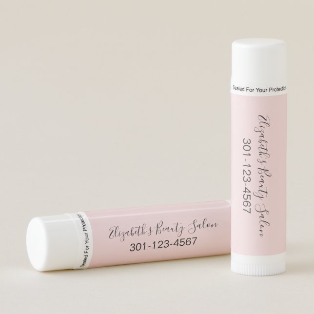 Business Pale Pink Black Script Salon Name Phone Lip Balm (Front)