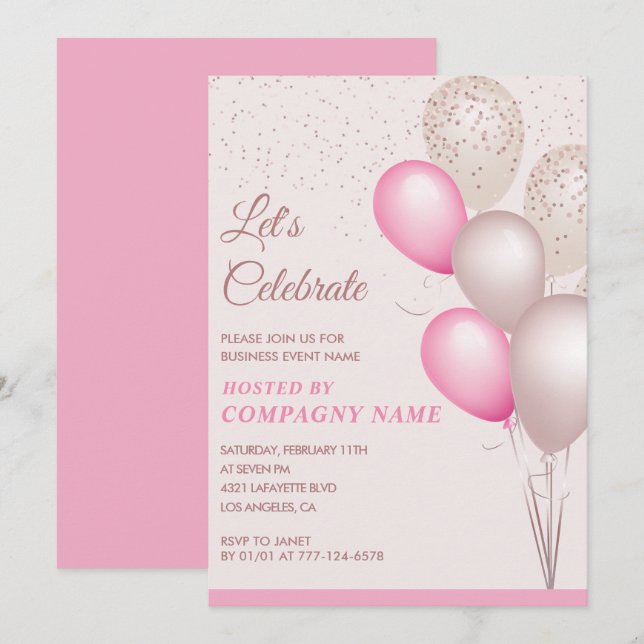 Business party invite Balloons Pink Confetti (Front/Back)
