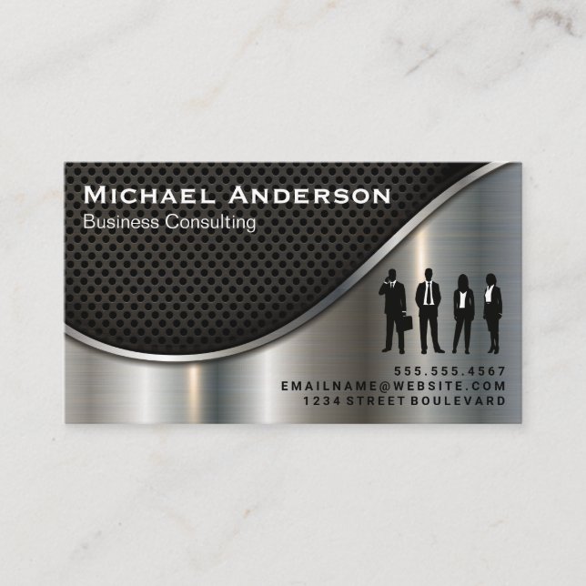 Business People | Metallic silver | Black Mesh Business Card (Front)