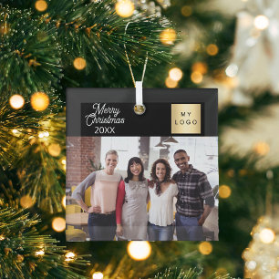 Business photo logo black Christmas Glass Ornament