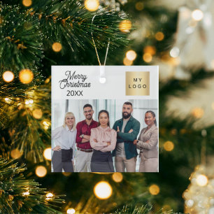 Business photo logo Christmas modern Glass Ornament