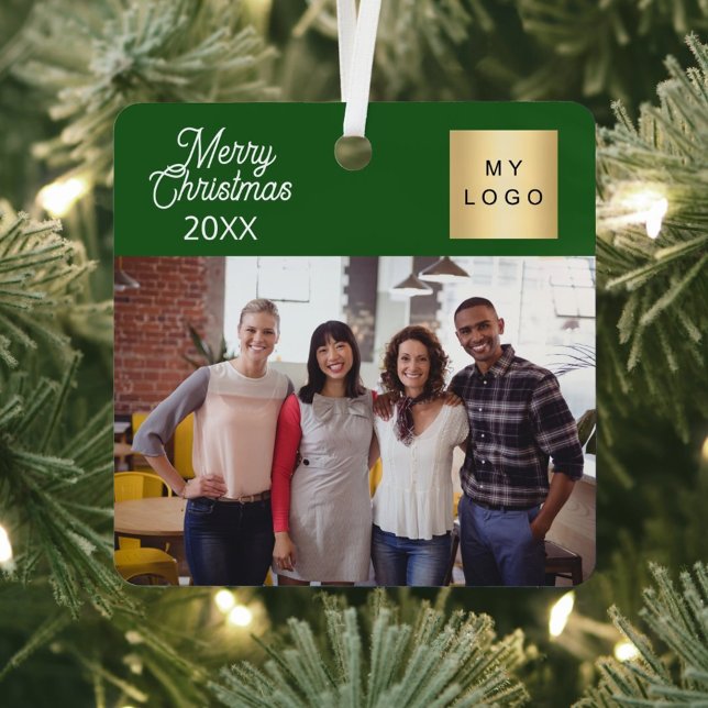 Business photo logo Christmas modern green Metal Ornament (Creator Uploaded)