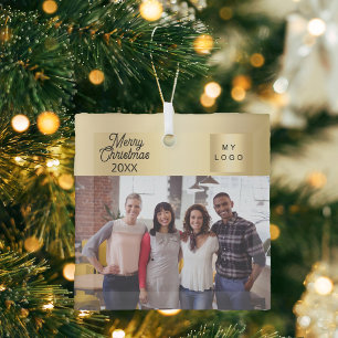 Business photo logo gold Christmas Glass Ornament