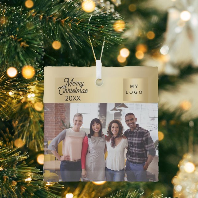 Business photo logo gold Christmas Glass Ornament (Creator Uploaded)