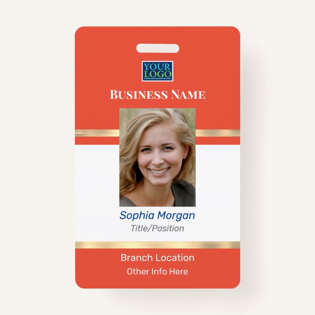 Business Photo Name Logo Info, Orange White Gold Badge (Front)