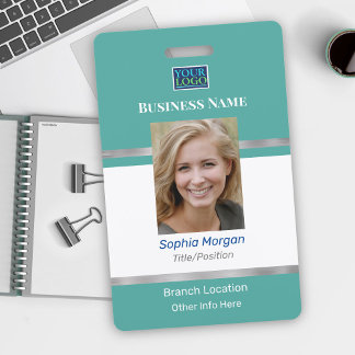Business Photo Name Logo Info, Teal Silver & White Badge