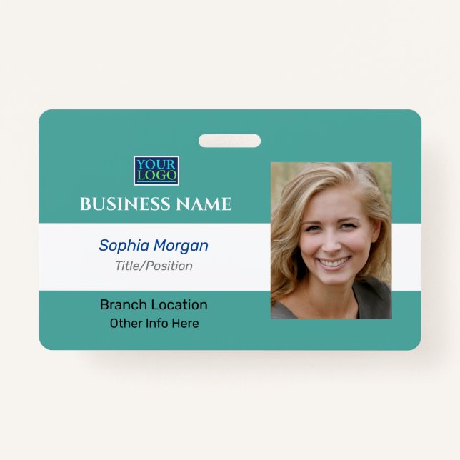 Business Photo Name Logo Info, Teal & White Badge (Front)