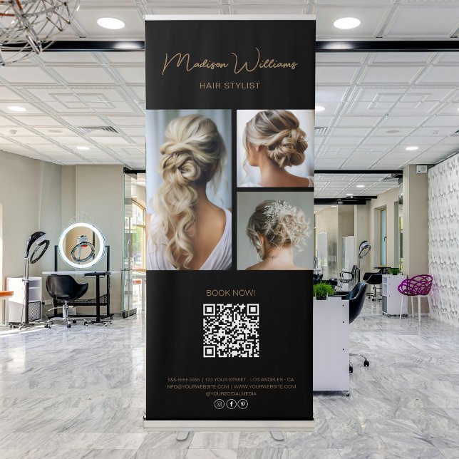 Business Photo QR Hair Stylist Salon Black Gold Retractable Banner (Business Photo QR Hair Stylist Salon Black Gold Retractable Banner)
