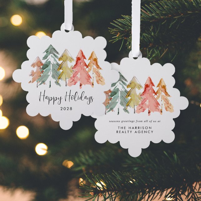 Business Pine Trees Happy Holidays Christmas Ornament Card (Creator Uploaded)