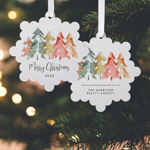 Business Pine Trees Watercolor Merry Christmas Ornament Card