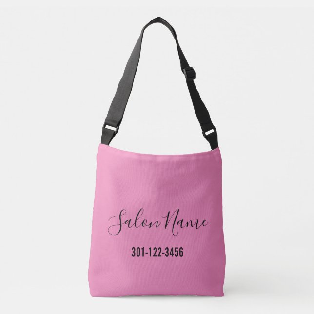 Business Pink Black Script Salon Name Phone Number Crossbody Bag (Front)