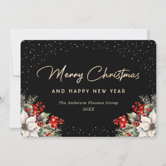 Business Poinsettia Holly Berries Snow Black Holiday Card