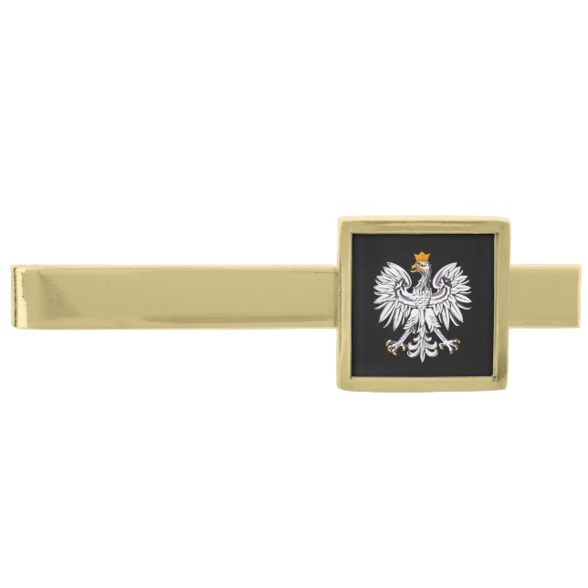 Business Poland, Flag, Polish Eagle Black on Gold Gold Finish Tie Bar (Front)