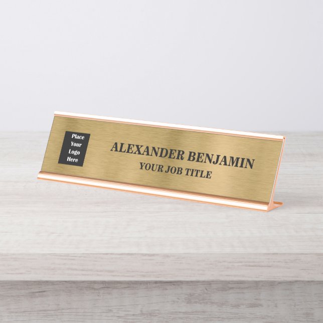 Business Professional Logo Gold Black Custom Desk Name Plate (Front)