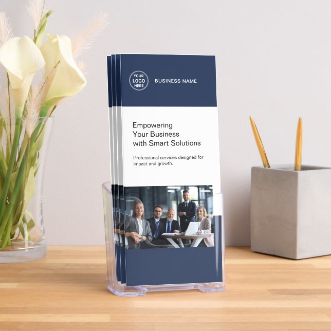 Business Professional Logo QR Navy Blue Tri-Fold Brochure (Insitu)