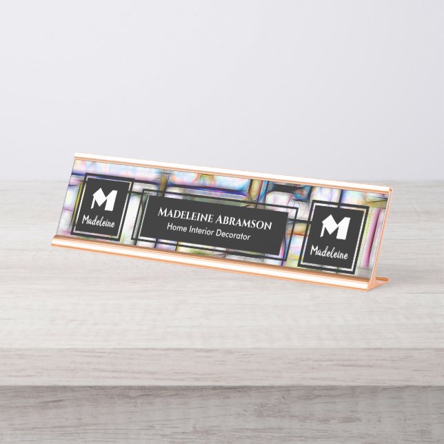 Business Professional Modern Monogram Personalize Desk Name Plate (Front)