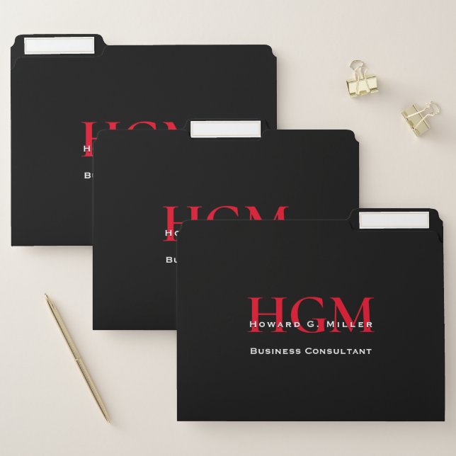 Business Professional Monogram Logo Black Red File Folder (Set)