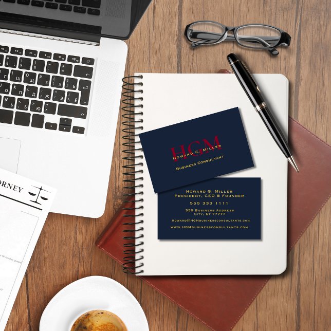 Business Professional Monogram Logo Navy Red Gold Business Card (Creator Uploaded)