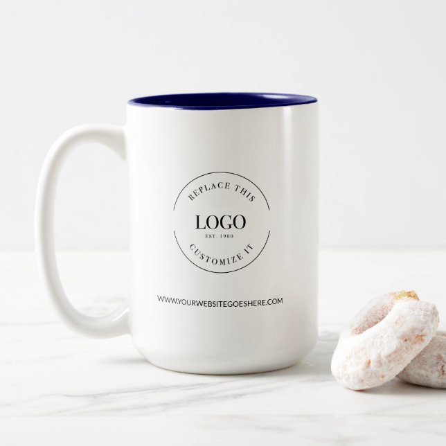 Business Promo logo website custom minimal Two-Tone Coffee Mug (With Donut)
