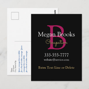 Business Promo, Name, Monogram & Title on Black Postcard