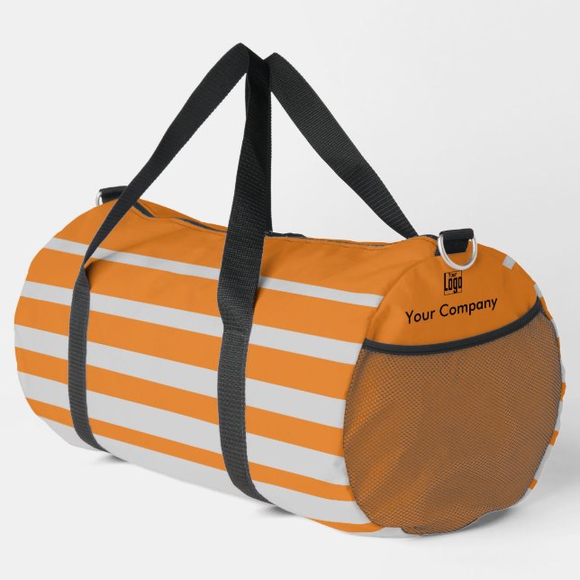 Business Promotion Logo Name Striped Gray Orange Duffle Bag (Right Corner)