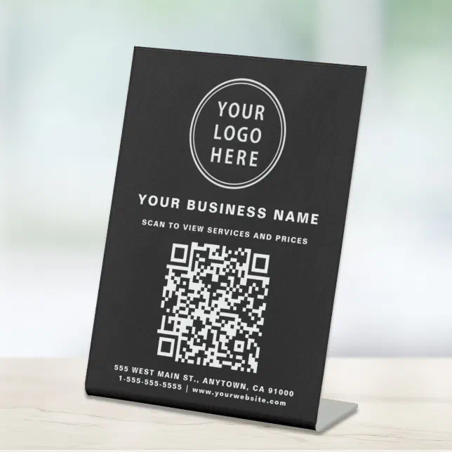 Business QR Code and Logo Black Pedestal Sign | Zazzle