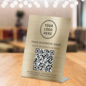 Business QR Code and Logo Metallic Gold Pedestal Sign