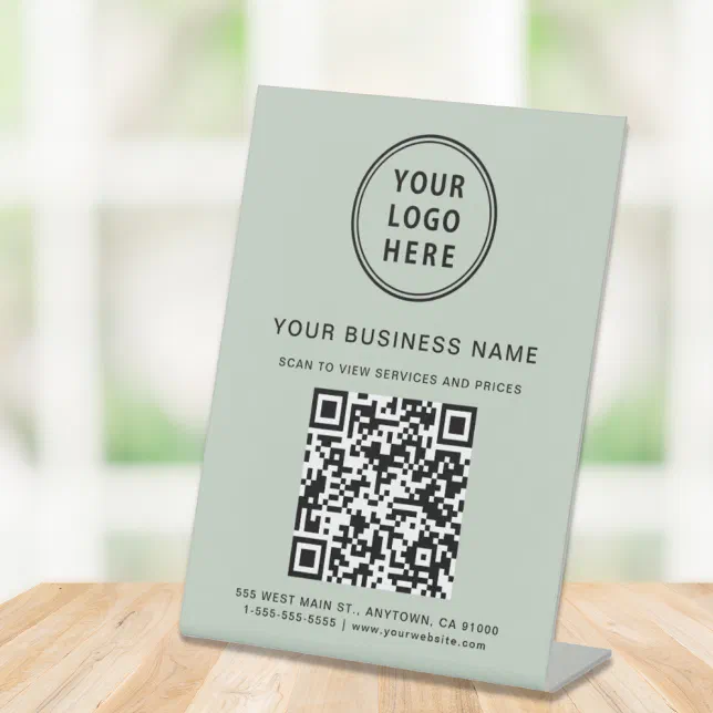 Business QR Code and Logo Sage Green Pedestal Sign | Zazzle