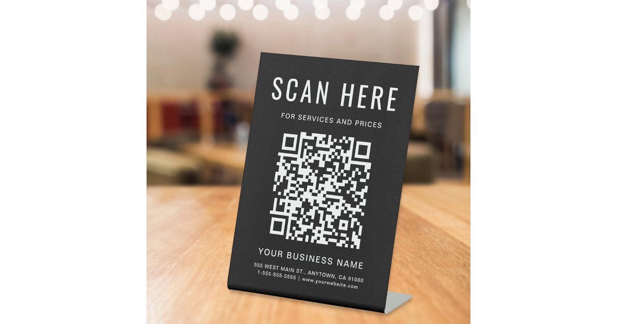 Business QR Code Black Tabletop Pedestal Sign | Zazzle