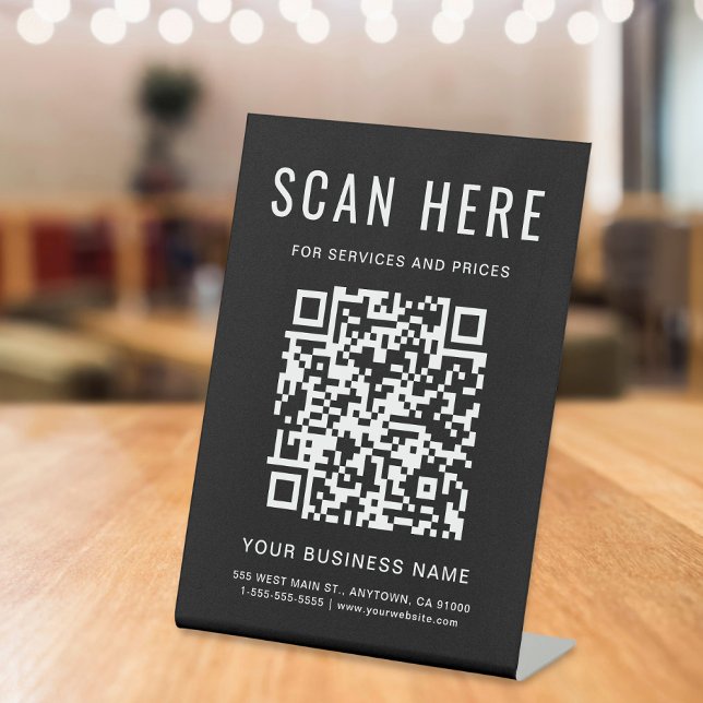 Business QR Code Black Tabletop Pedestal Sign (A QR code sign to effortlessly connect your customers to your online platforms)