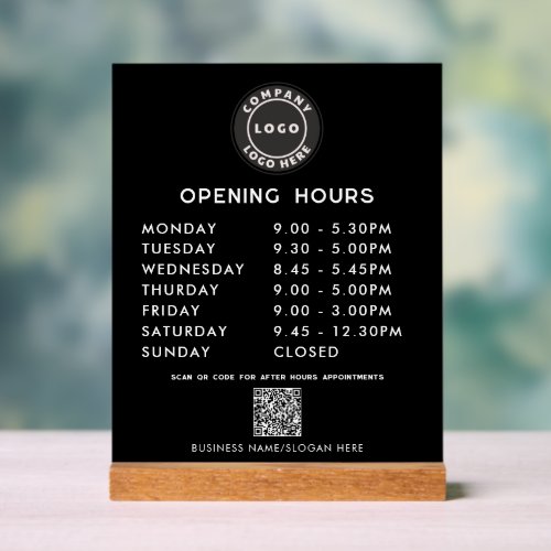 Business QR Code Logo Modern Opening Hours Black Acrylic Sign