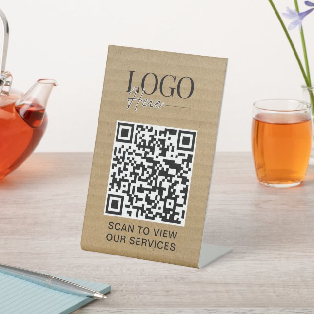 Business QR Code Logo Modern Rustic Kraft Pedestal Sign (In SItu)