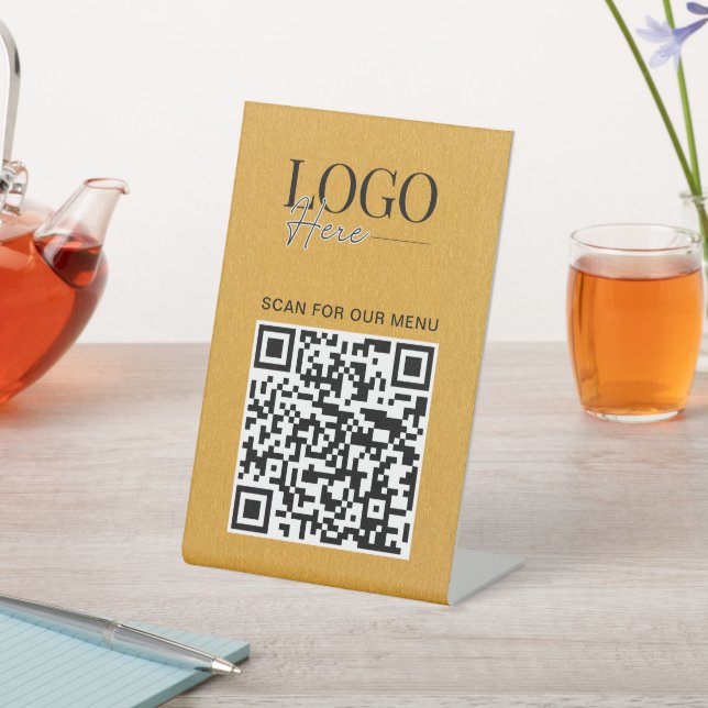 Business QR Code Logo Modern Simple Gold Menu Pedestal Sign (In SItu)