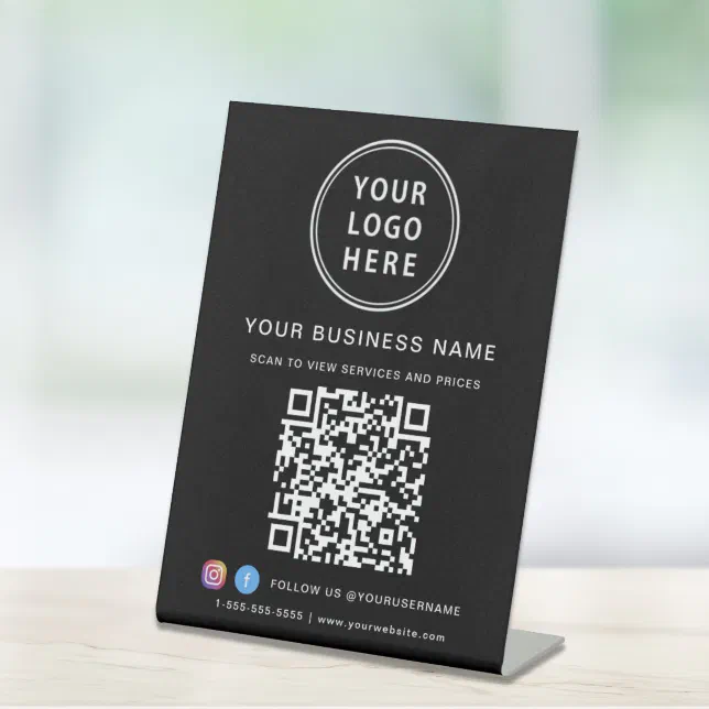 Business QR Code Logo Social Media Black Pedestal Sign | Zazzle