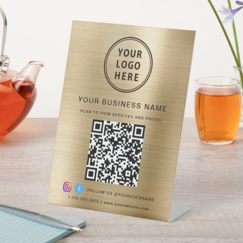 Business QR Code Logo Social Media Gold Pedestal Sign