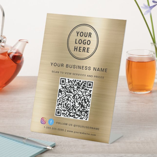 Business QR Code Logo Social Media Gold Pedestal Sign (In SItu)