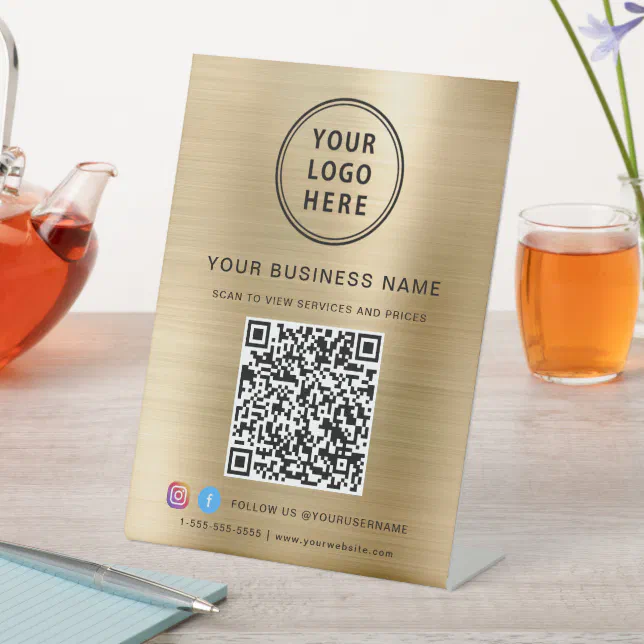 Business QR Code Logo Social Media Gold Pedestal Sign | Zazzle