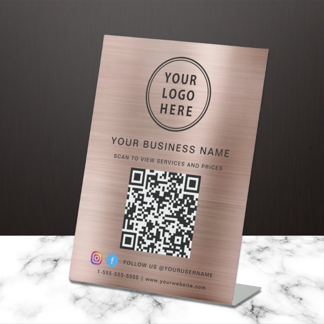 Business QR Code Logo Social Media Rose Gold Pedestal Sign (Creator Uploaded)
