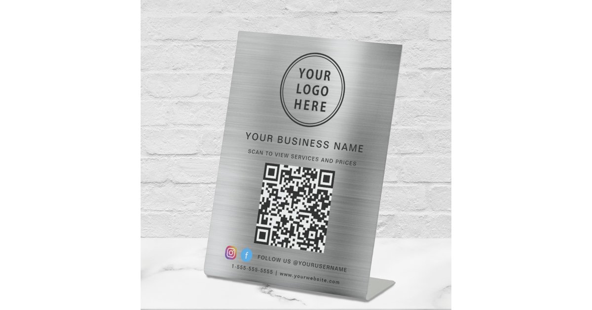 Silver Qr Code Logo Business QR Code Logo Social Media Silver Pedestal Sign | Zazzle