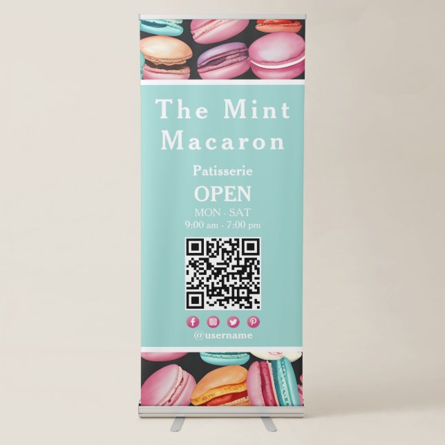 Business QR Code Macaron French Patisserie Mint Retractable Banner (Front)