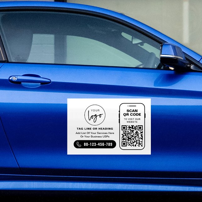 Business QR Code Modern Black & White Professional Car Magnet (Minimalist scannable QR code business logo & contact details car bumper magnet)