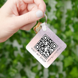 Business QR Code Monogrammed Faux Glitter Keychain