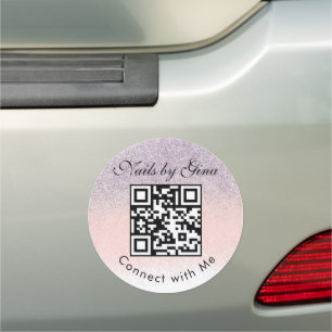 Business QR Code Monogrammed Faux Pink Glitter Car Magnet