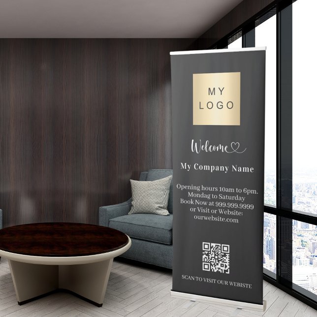 Business qr code opening hours black white welcome retractable banner (Creator Uploaded)