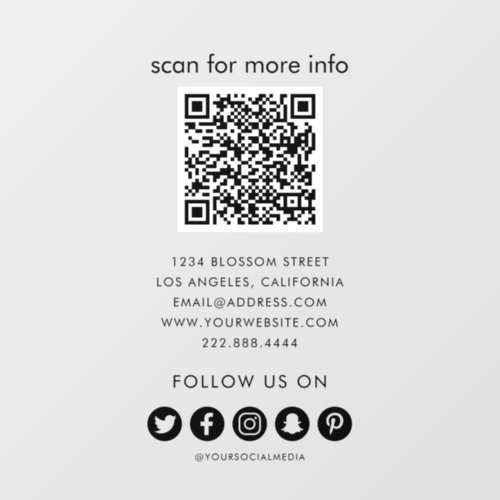 Business QR Code Social Media Wall Decal - Business company wall decal information featuring a QR Code, company details, and your social media accounts.