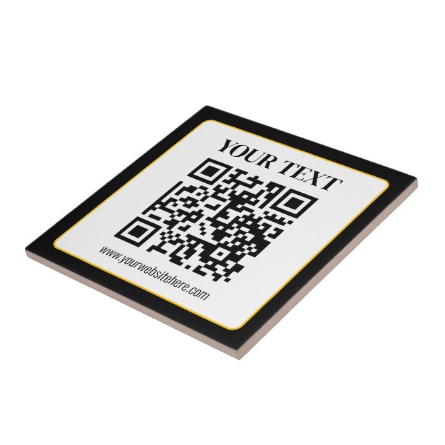 Business QR code w/Top & Bottom Text, Black & Gold Ceramic Tile (Side)