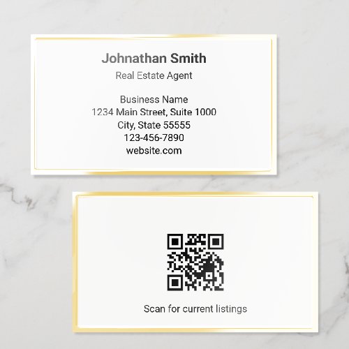 Business Real Estate Agent QR Code Black and White Foil Business Cards